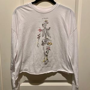 White Long Sleeve Tee with Flowers and Skeleton
